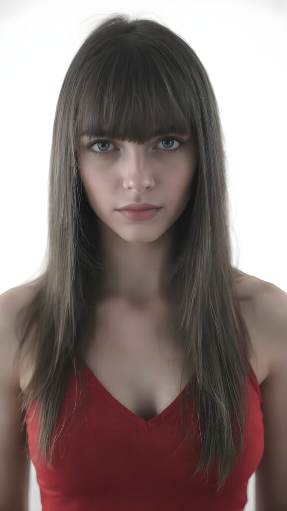 a (((professional black and white photograph))) featuring a gorgeous, young, slim, petite, and curvaceous silver skinned Emo girl with long and perfectly straight black super soft detailed hair and bangs, full lips, and with a serene expression. Her attire is a ((short cropped red tank top, deep v-neck)), the photo captures her full face, with the focus on her eyes and innocent look that complements the advanced lighting and ultra realistic skin textures that make this photo truly breathtaking, ((only her tank top is in color))