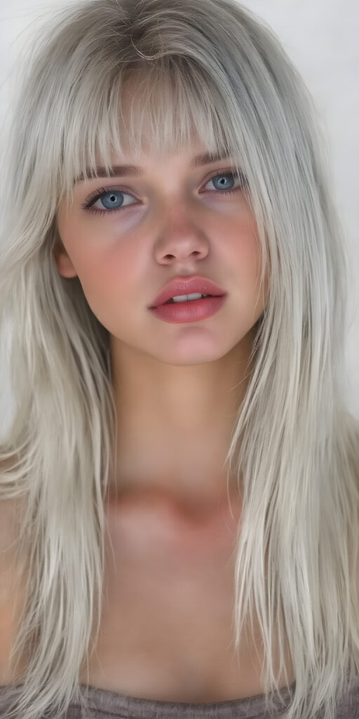 a (((professional ultra high resolution hand drawing))) capturing a (((vividly drawn natural teen girl))) with ((long, straight platinum white soft hair)) that gently frames her face, ((softly glowing skin)), ((full kissable red lips, looks seductive)), accessorized with a sleek and minimalist ((cropped tank top made of fine fur)) that emphasizes her youthful energy, posed in a (((upper-body shot)))
