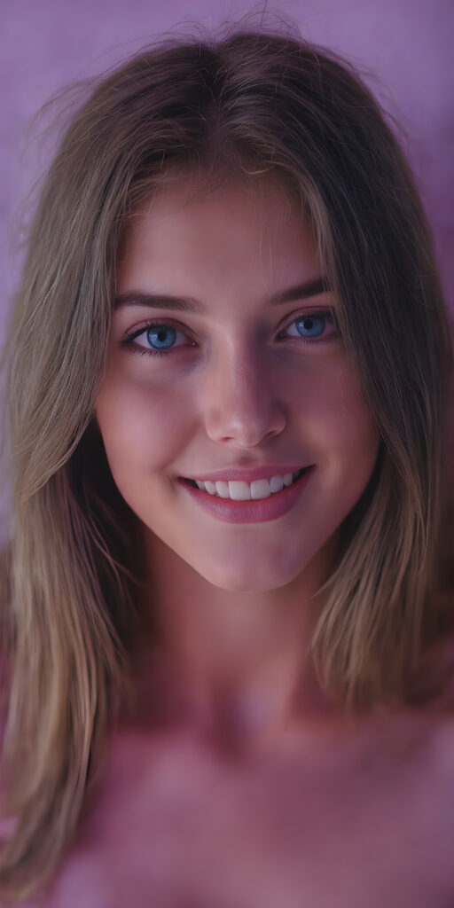 a (((professional full body shot))) showcasing a beautifully ((young woman)) with striking long brown jet hair, captivating bright ((blue eyes)), and a playful smile. Her skin tone is a (pale) yellow, with perfectly (straight) white teeth. She's dressed in a (white leotard), creating an illusion of movement. The scene is framed by a soft glow, highlighting her luminous skin and casting a shadow over her, emphasizing her full body and creating a sense of mystery and warmth. ((She exudes a youthful and vibrant demeanor through her playful smile and poise, embodying the essence of a (young teen)))