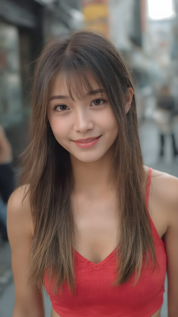 a (((professional 3D photograph))) featuring a gorgeous, young, slim, petite, and curvaceous silver skinned Japanese teen girl with long and perfectly straight (brown hair with golden strands) and bangs, full lips, and (((smiling into the camera))) with a serene expression. Her attire is a ((short cropped red tank top, deep v-neck)), the realistic photo captures her full face, all against a backdrop in the city, perfect light and shadows
