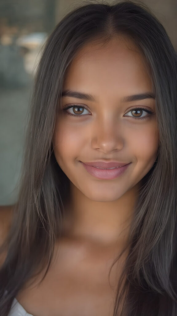 a (((professional photograph))) featuring a gorgeous, young, slim, petite, and curvaceous brown skinned busty Latina girl with long and perfectly straight brown hair, full lips, and (((smiling into the camera))) with a serene expression. Her attire is a ((short cropped amber tank top, deep v-neck)), the photo captures her full face, with the focus on her eyes gives a 70mm wide shot, capturing a youthful and innocent look that complements the advanced lighting and ultra realistic skin textures that make this photo truly breathtaking