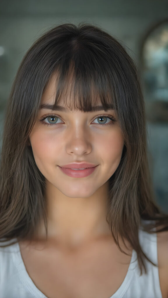 a (((professional photograph))) featuring a gorgeous, young, slim, petite, and curvaceous girl with long and perfectly straight black hair, full lips, and (((smiling into the camera))) with a serene expression. Her attire is a ((white short tank top)) and ((skin tight jeans)), emphasizing her perfectly straight and perfectly smooth brown hair, which is the subject of the picture. The photo captures her full face, with the focus on her eyes gives a 70mm wide shot, capturing a youthful and innocent look that complements the advanced lighting and ultra realistic skin textures that make this photo truly breathtaking