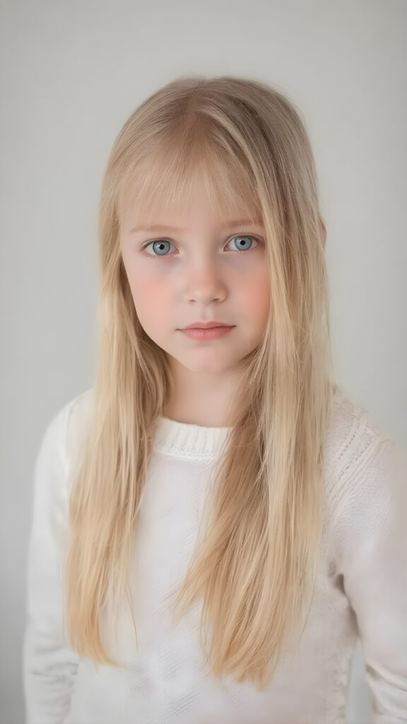 a (((professional photograph))) featuring a beautiful young girl with very long, straight, thick, untucked natural white golden blonde hair worn down, full body view, where her face exudes curiosity and inquisitiveness. She is wearing a white fine sweater that emphasizes her youthful beauty. Against a backdrop of a (simple, plain grey background) that complements the warm tones of the scene, the girl stands out in a striking pose, capturing attention to detail in every aspect of the image. Soft lighting, high resolution, full HD