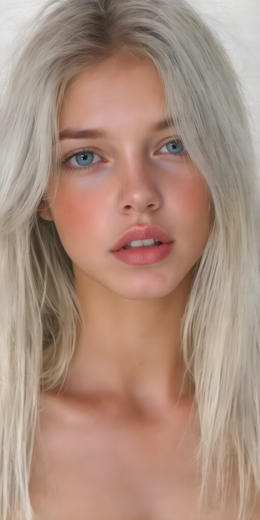 a (((professional ultra high resolution hand drawing))) capturing a (((vividly drawn natural teen girl))) with ((long, straight platinum white soft hair)) that gently frames her face, ((softly glowing skin)), ((full kissable red lips, looks seductive)), accessorized with a sleek and minimalist ((cropped tank top made of fine fur)) that emphasizes her youthful energy, posed in a (((upper-body shot)))