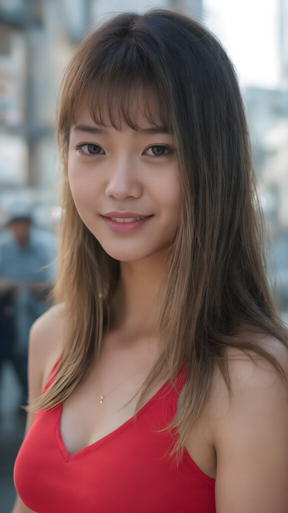 a (((professional 3D photograph))) featuring a gorgeous, young, slim, petite, and curvaceous silver skinned Japanese teen girl with long and perfectly straight (brown hair with golden strands) and bangs, full lips, and (((smiling into the camera))) with a serene expression. Her attire is a ((short cropped red tank top, deep v-neck)), the realistic photo captures her full face, all against a backdrop in the city, perfect light and shadows