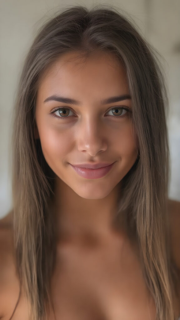 a (((professional photograph))) featuring a gorgeous, young, slim, petite, and curvaceous brown skinned busty Latina girl with long and perfectly straight brown hair, full lips, and (((smiling into the camera))) with a serene expression. Her attire is a ((short cropped amber tank top, deep v-neck)), the photo captures her full face, with the focus on her eyes gives a 70mm wide shot, capturing a youthful and innocent look that complements the advanced lighting and ultra realistic skin textures that make this photo truly breathtaking