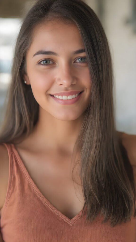 a (((professional photograph))) featuring a gorgeous, young, slim, petite, and curvaceous brown skinned busty Latina girl with long and perfectly straight brown hair, full lips, and (((smiling into the camera))) with a serene expression. Her attire is a ((short cropped amber tank top, deep v-neck)), the photo captures her full face, with the focus on her eyes gives a 70mm wide shot, capturing a youthful and innocent look that complements the advanced lighting and ultra realistic skin textures that make this photo truly breathtaking