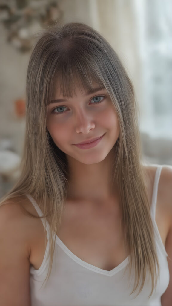 a (((professional photograph))) depicting a beautiful, cute, innocent and shy ((young teen girl))) with straight soft long brown hair, perfect realistic detailed angelic round face, upper-body, (((perfect curved and toned thighs))), white tank top, deep v-neck, ((highly detailed, high resolution, full quality image)), that exudes a sense of pure perfection. Her smile is bright and natural looking. The background is a cozy, warm and inviting living room. The soft light in the room highlights her perfect skin and the contrast between her delicate soft white tank top and match perfectly with her outfit.