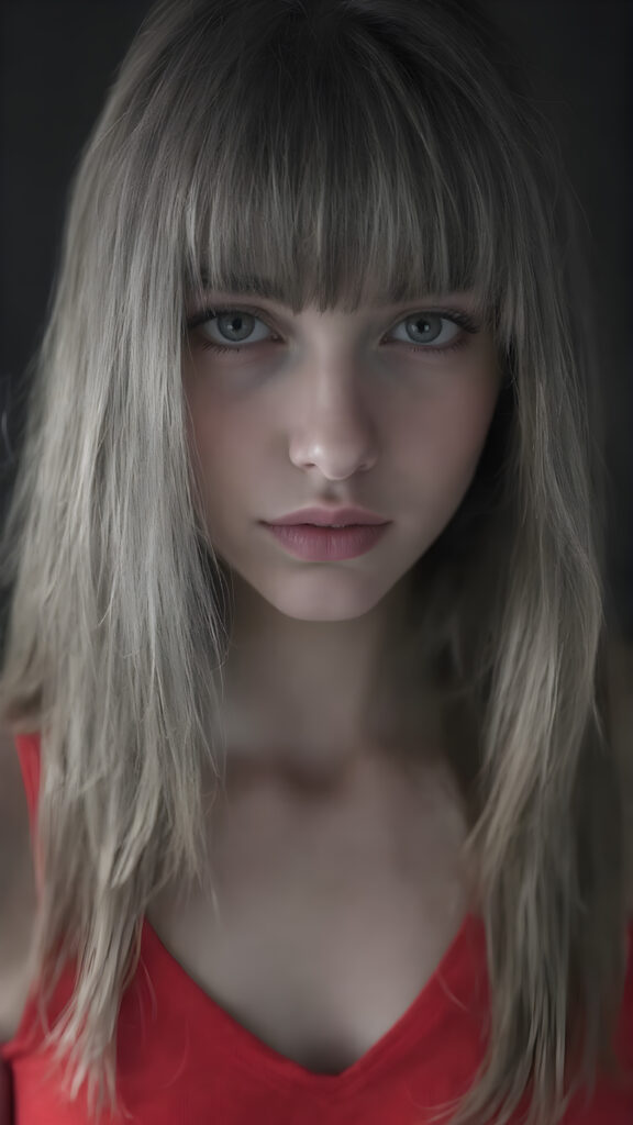 a (((professional black and white photograph))) featuring a gorgeous, young, slim, petite, and curvaceous silver skinned Emo girl with long and perfectly straight black super soft detailed hair and bangs, full lips, and with a serene expression. Her attire is a ((short cropped red tank top, deep v-neck)), the photo captures her full face, with the focus on her eyes and innocent look that complements the advanced lighting and ultra realistic skin textures that make this photo truly breathtaking, ((only her tank top is in color))