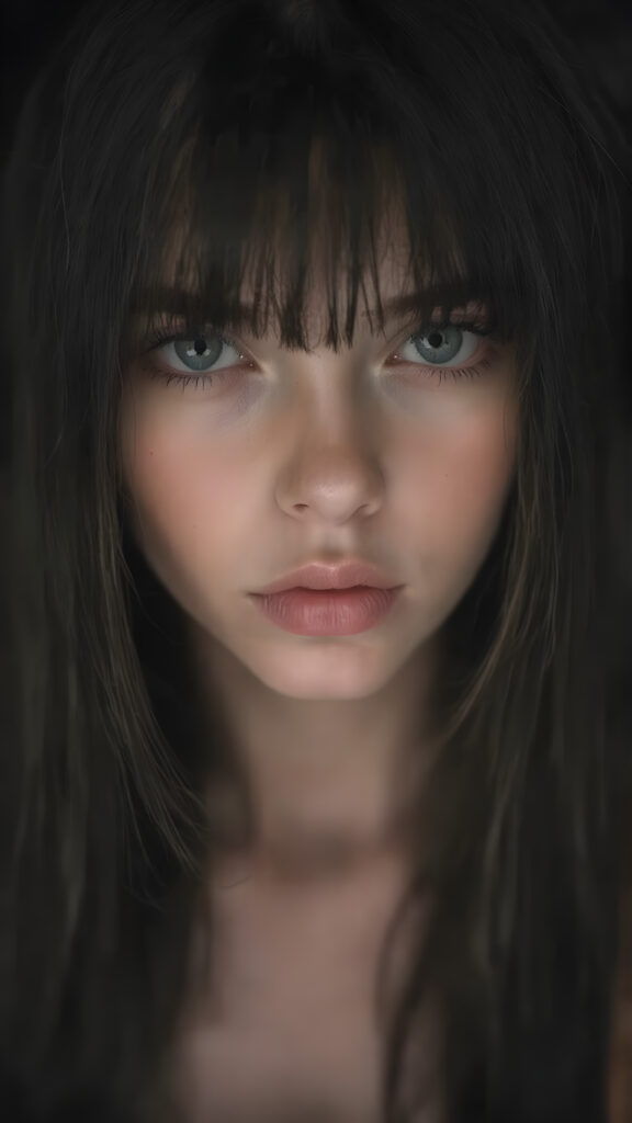 a (((professional black and white photograph))) featuring a gorgeous, young, slim, petite, and curvaceous silver skinned Emo girl with long and perfectly straight black hair and bangs, full lips, and with a serene expression. Her attire is a ((short cropped amber tank top, deep v-neck)), the photo captures her full face, with the focus on her eyes and innocent look that complements the advanced lighting and ultra realistic skin textures that make this photo truly breathtaking