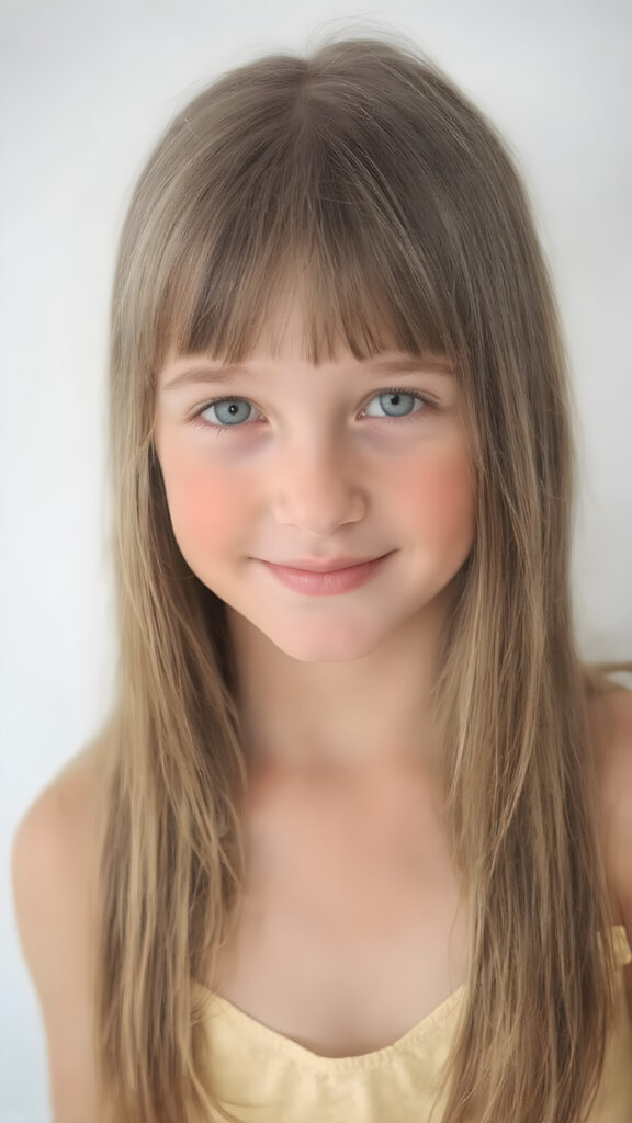 a (((professional photograph))) featuring a beautiful young girl with perfectly straight, smooth, and thick hair, which is cascading elegantly down to her shoulders. The hair is a rich, warm (((light brown))), with a subtle, natural glow. Her eyes are a clear (((green color))), and her pupils are perfectly round and matching. The girl is wearing a soft, ((low-cut)) pale yellow dress that complements her flawless features. The dress is gently cut out to reveal her perfect legs. She exudes an air of youthful confidence and beauty. The girl is looking into the camera with a warm smile, the photo is in focus and you can see every detail well
