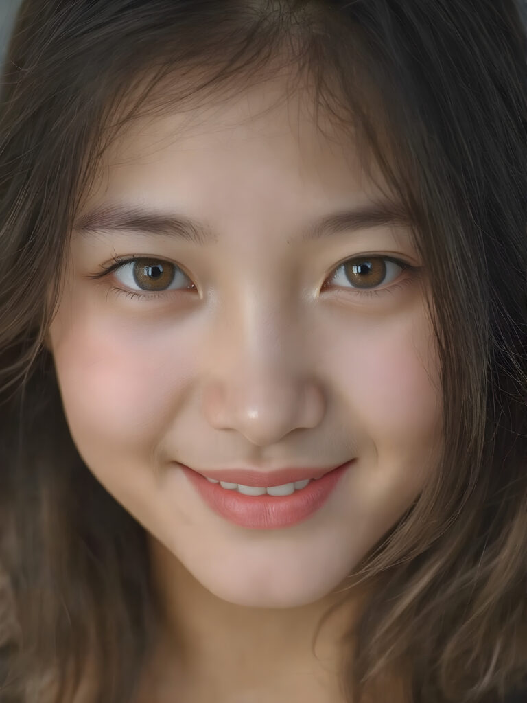 a (((professional photograph))) featuring a beautifully detailed (((face of a Asian teen girl))), with intricate details and colors, (natural, ultra realistic detailed hair) and (realistic detailed eyes) that exude an unmistakable allure, (highly detailed, symmetrical eyes) that match her perfectly coordinated, evenly sized pupils. She's also got (perfectly matching, coordinated teeth) that add to her overall aesthetic. Looking directly into the camera, she's got a warm smile and perfect eye coordination, which draws the viewer in. Her ultra realistic, volumetric lighting gives off a (natural, happy glow) that complements her overall look. She's also got (natural makeup) that enhances her features.