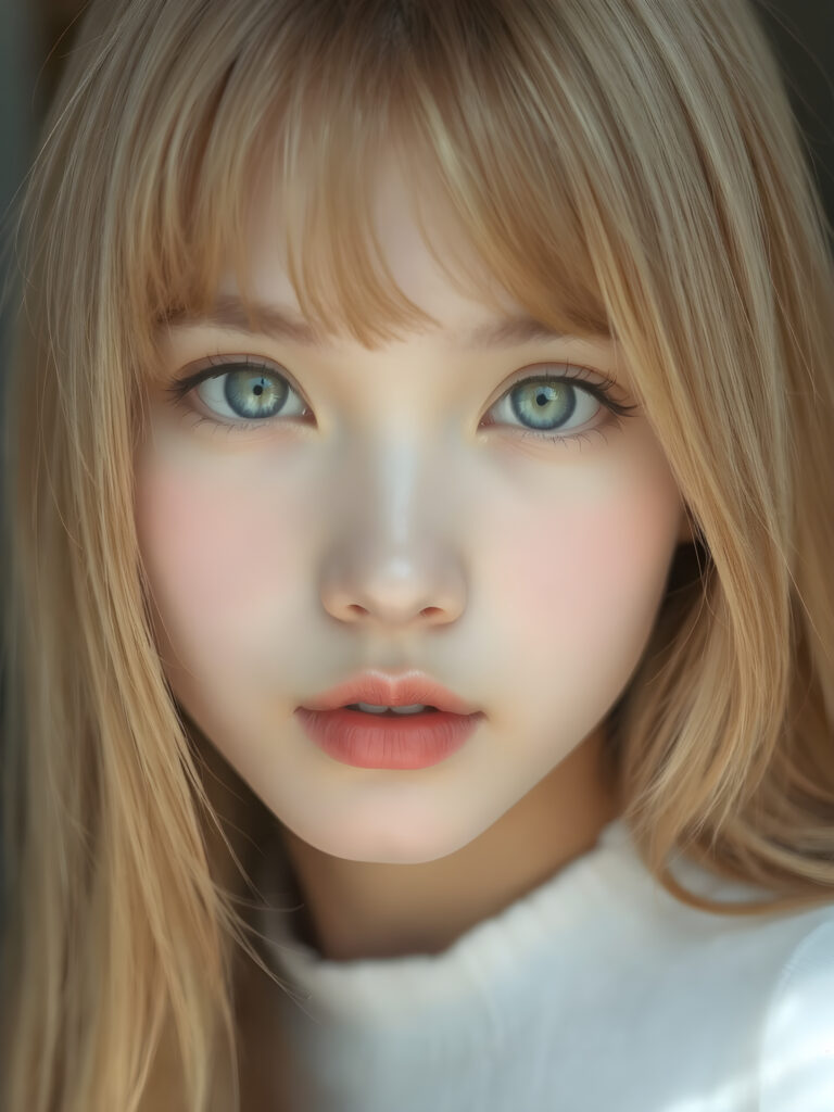 a (((professional photograph))) in a (((highly detailed ultra realistic side view))), with a (((Japanese teen girl))) who has (((long, incredibly soft and flowing straight blond hair))), bangs and (((brightly shining, deeply set blue eyes))), as she gently gazes into the camera. Her face exudes an air of (astonishment) at the camera's focus, which captures her perfectly serene yet inviting features. Her (((full red lips))) are softly painted in a (((trending shade of pink))), providing a breathtakingly realistic portrait that embodies the essence of a (((high-resolution masterpiece))). Perfect anatomy. Perfect light. Sunny. Warm colors. Soft shadows.