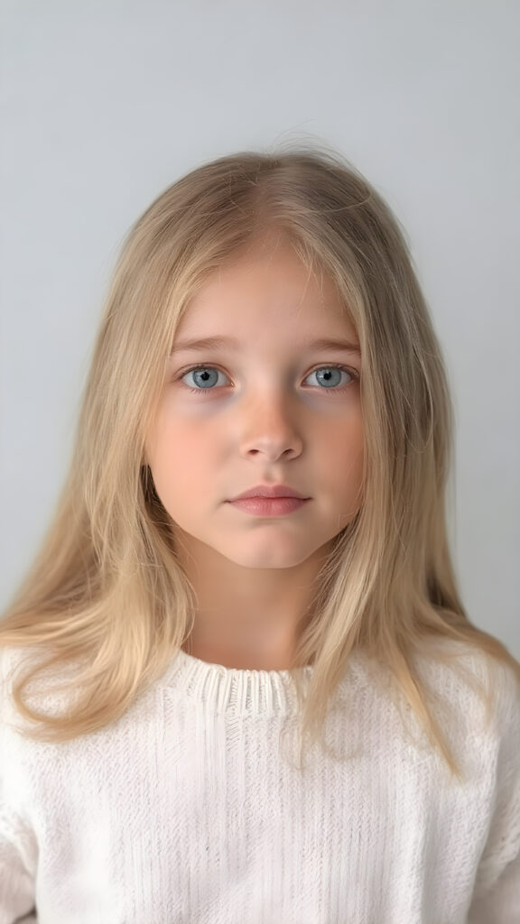 a (((professional photograph))) featuring a beautiful young girl with very long, straight, thick, untucked natural white golden blonde hair worn down, full body view, where her face exudes curiosity and inquisitiveness. She is wearing a white fine sweater that emphasizes her youthful beauty. Against a backdrop of a (simple, plain grey background) that complements the warm tones of the scene, the girl stands out in a striking pose, capturing attention to detail in every aspect of the image. Soft lighting, high resolution, full HD
