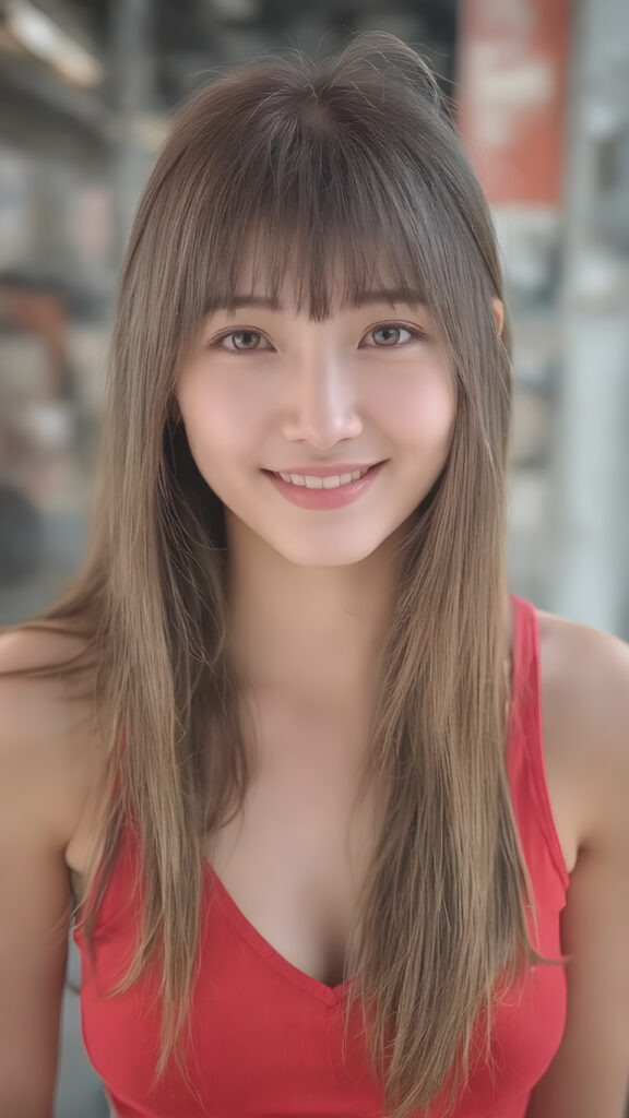 a (((professional 3D photograph))) featuring a gorgeous, young, slim, petite, and curvaceous silver skinned Japanese teen girl with long and perfectly straight (brown hair with golden strands) and bangs, full lips, and (((smiling into the camera))) with a serene expression. Her attire is a ((short cropped red tank top, deep v-neck)), the realistic photo captures her full face, all against a backdrop in the city, perfect light and shadows
