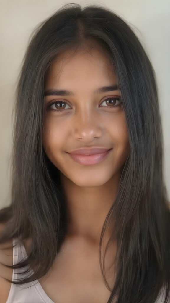 a (((professional photograph))) featuring a gorgeous, young, slim, petite, and curvaceous brown skinned busty Latina girl with long and perfectly straight brown hair, full lips, and (((smiling into the camera))) with a serene expression. Her attire is a ((short cropped amber tank top, deep v-neck)), the photo captures her full face, with the focus on her eyes gives a 70mm wide shot, capturing a youthful and innocent look that complements the advanced lighting and ultra realistic skin textures that make this photo truly breathtaking