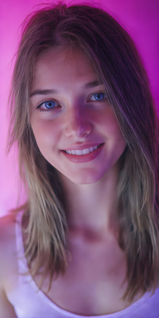 a (((professional full body shot))) showcasing a beautifully ((young woman)) with striking long brown jet hair, captivating bright ((blue eyes)), and a playful smile. Her skin tone is a (pale) yellow, with perfectly (straight) white teeth. She's dressed in a (white leotard), creating an illusion of movement. The scene is framed by a soft glow, highlighting her luminous skin and casting a shadow over her, emphasizing her full body and creating a sense of mystery and warmth. ((She exudes a youthful and vibrant demeanor through her playful smile and poise, embodying the essence of a (young teen)))