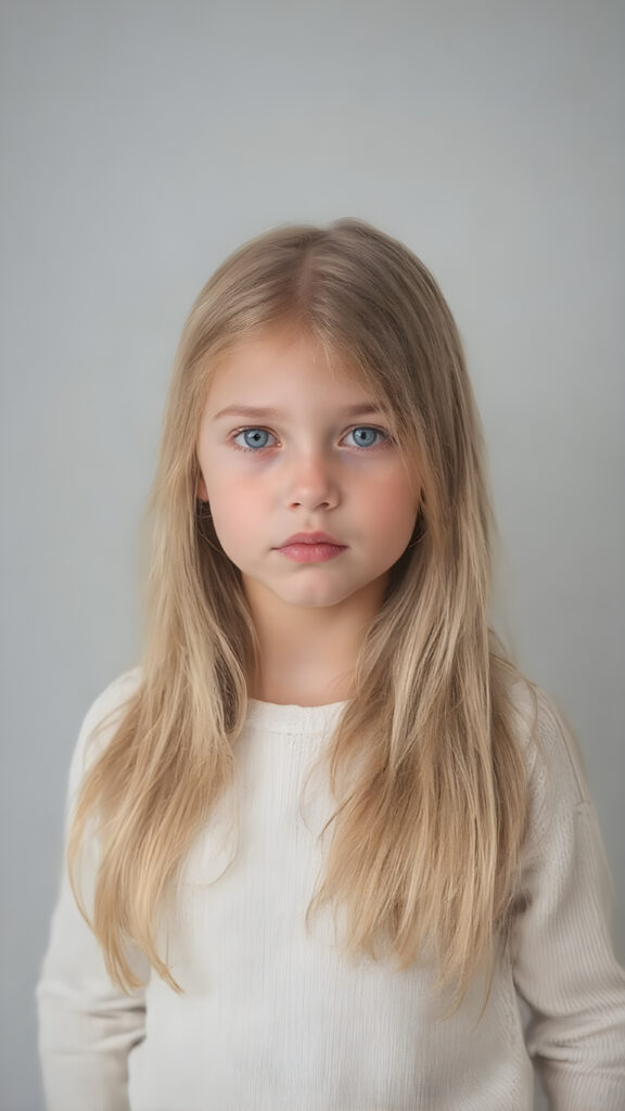 a (((professional photograph))) featuring a beautiful young girl with very long, straight, thick, untucked natural white golden blonde hair worn down, full body view, where her face exudes curiosity and inquisitiveness. She is wearing a white fine sweater that emphasizes her youthful beauty. Against a backdrop of a (simple, plain grey background) that complements the warm tones of the scene, the girl stands out in a striking pose, capturing attention to detail in every aspect of the image. Soft lighting, high resolution, full HD