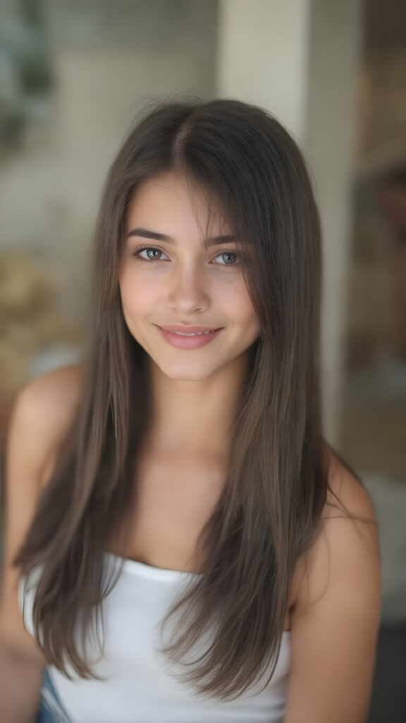 a (((professional photograph))) featuring a gorgeous, young, slim, petite, and curvaceous girl with long and perfectly straight black hair, full lips, and (((smiling into the camera))) with a serene expression. Her attire is a ((white short tank top)) and ((skin tight jeans)), emphasizing her perfectly straight and perfectly smooth brown hair, which is the subject of the picture. The photo captures her full face, with the focus on her eyes gives a 70mm wide shot, capturing a youthful and innocent look that complements the advanced lighting and ultra realistic skin textures that make this photo truly breathtaking