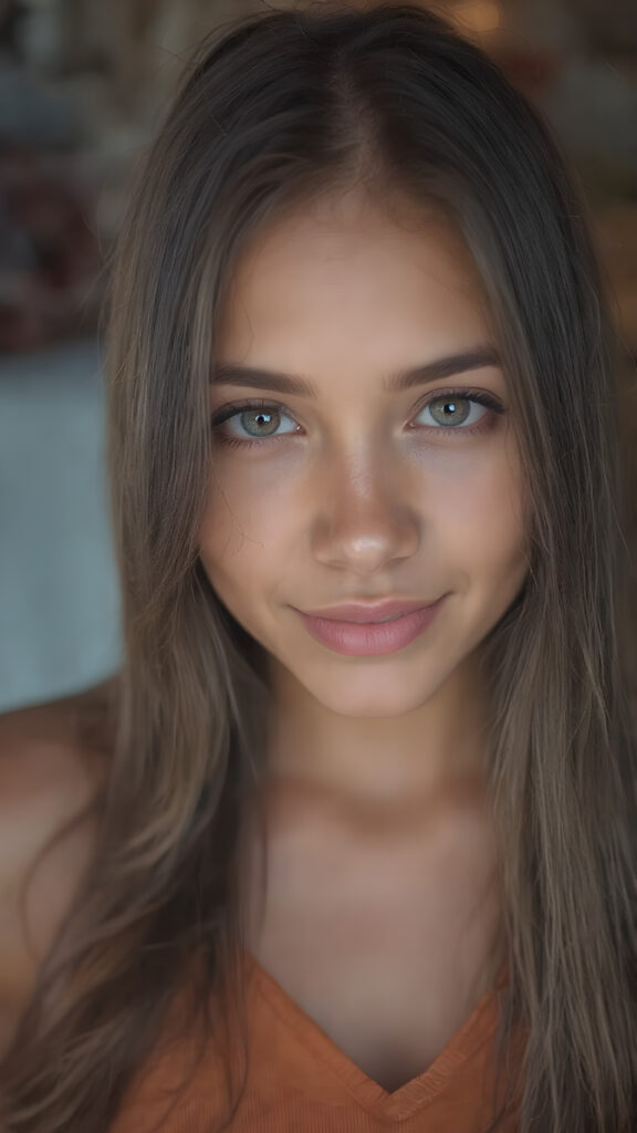 a (((professional photograph))) featuring a gorgeous, young, slim, petite, and curvaceous brown skinned busty Latina girl with long and perfectly straight brown hair, full lips, and (((smiling into the camera))) with a serene expression. Her attire is a ((short cropped amber tank top, deep v-neck)), the photo captures her full face, with the focus on her eyes gives a 70mm wide shot, capturing a youthful and innocent look that complements the advanced lighting and ultra realistic skin textures that make this photo truly breathtaking