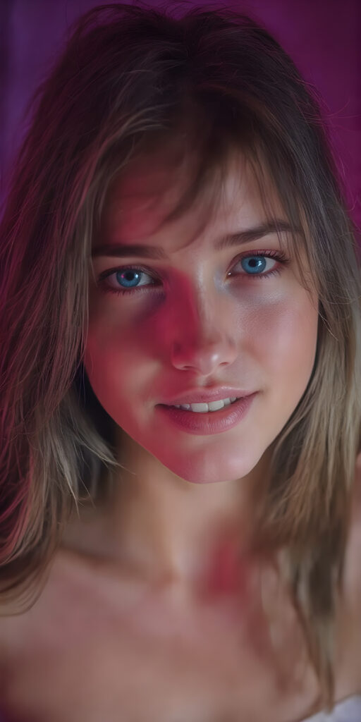 a (((professional full body shot))) showcasing a beautifully ((young woman)) with striking long brown jet hair, captivating bright ((blue eyes)), and a playful smile. Her skin tone is a (pale) yellow, with perfectly (straight) white teeth. She's dressed in a (white leotard), creating an illusion of movement. The scene is framed by a soft glow, highlighting her luminous skin and casting a shadow over her, emphasizing her full body and creating a sense of mystery and warmth. ((She exudes a youthful and vibrant demeanor through her playful smile and poise, embodying the essence of a (young teen)))