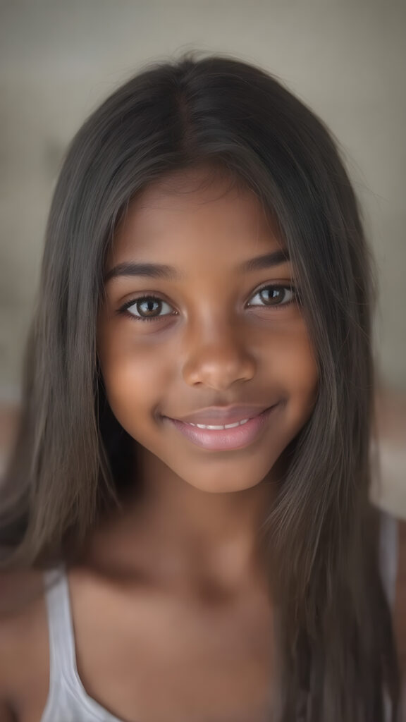 a (((professional photograph))) featuring a gorgeous, young brown skinned cute girl with long and perfectly straight black hair, full lips, and (((smiling into the camera))) with a serene expression. Her attire is a ((short cropped tank top)), the photo captures her full face, with the focus on her eyes gives a 70mm wide shot, capturing a youthful and innocent look that complements the advanced lighting and ultra realistic skin textures that make this photo truly breathtaking