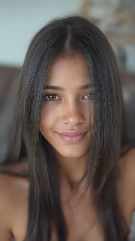 a (((professional photograph))) featuring a gorgeous, young, slim, petite, and curvaceous brown skinned busty Latina girl with long and perfectly straight brown hair, full lips, and (((smiling into the camera))) with a serene expression. Her attire is a ((short cropped amber tank top, deep v-neck)), the photo captures her full face, with the focus on her eyes gives a 70mm wide shot, capturing a youthful and innocent look that complements the advanced lighting and ultra realistic skin textures that make this photo truly breathtaking