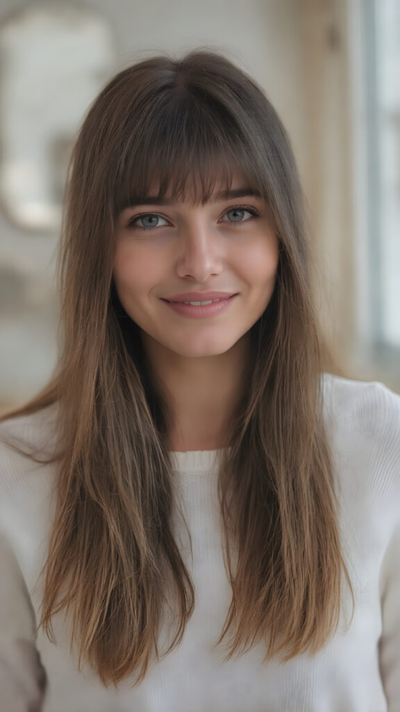 a (((professional photograph))) featuring a gorgeous, young, slim, petite, and curvaceous girl with long and perfectly straight brown hair, full lips, and (((smiling into the camera))) with a serene expression. Her attire is a ((white sweater)) and ((skin tight jeans)), emphasizing her perfectly straight and perfectly smooth brown hair, which is the subject of the picture. The photo captures her full face, with the focus on her eyes gives a 70mm wide shot, capturing a youthful and innocent look that complements the advanced lighting and ultra realistic skin textures that make this photo truly breathtaking