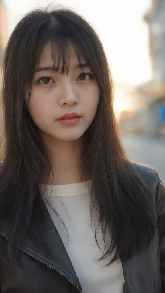 a (((professional photograph))) capturing a beautifully drawn (((young Korean girl))) with striking long, flowing black hair framing her delicate face, perfectly aligned eyes, full lips, and elegant white skin. She's dressed in a sleek, short, high-quality open leather jacket. Standing confidently on a street at a vibrant sunset, the scene is bathed in warm, soft lighting, highlighting her youthful beauty.