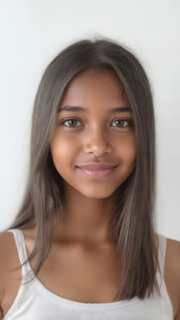 a (((professional photograph))) featuring a gorgeous, young brown skinned cute girl with long and perfectly straight black hair, full lips, and (((smiling into the camera))) with a serene expression. Her attire is a ((short cropped tank top)), the photo captures her full face, with the focus on her eyes gives a 70mm wide shot, capturing a youthful and innocent look that complements the advanced lighting and ultra realistic skin textures that make this photo truly breathtaking