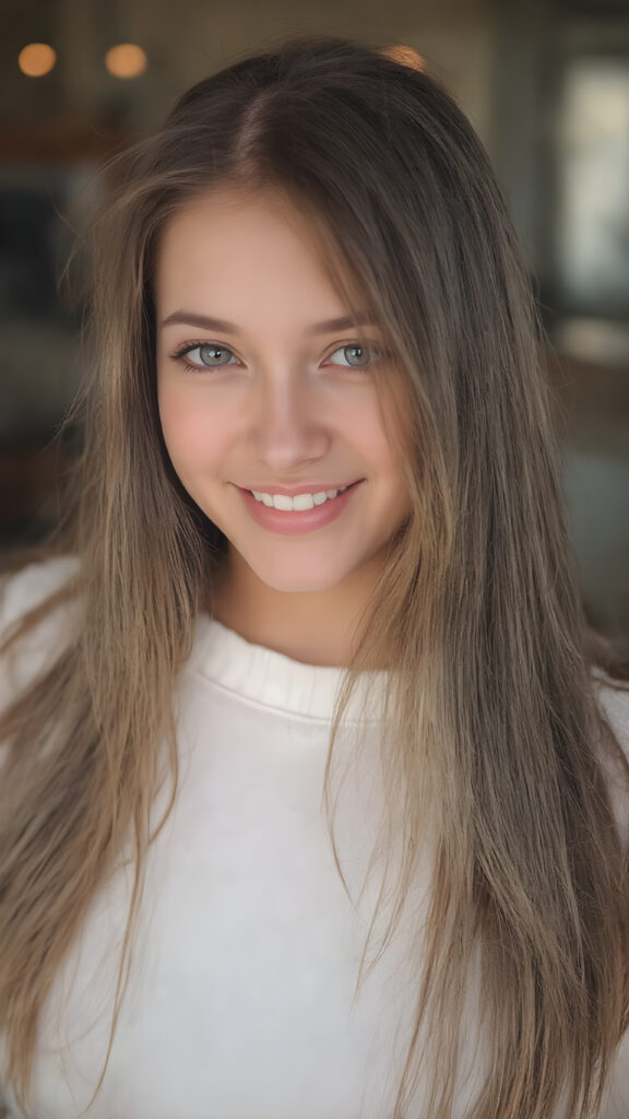 a (((professional photograph))) featuring a gorgeous, young, slim, petite, and curvaceous girl with long and perfectly straight brown hair, full lips, and (((smiling into the camera))) with a serene expression. Her attire is a ((white sweater)) and ((skin tight jeans)), emphasizing her perfectly straight and perfectly smooth brown hair, which is the subject of the picture. The photo captures her full face, with the focus on her eyes gives a 70mm wide shot, capturing a youthful and innocent look that complements the advanced lighting and ultra realistic skin textures that make this photo truly breathtaking