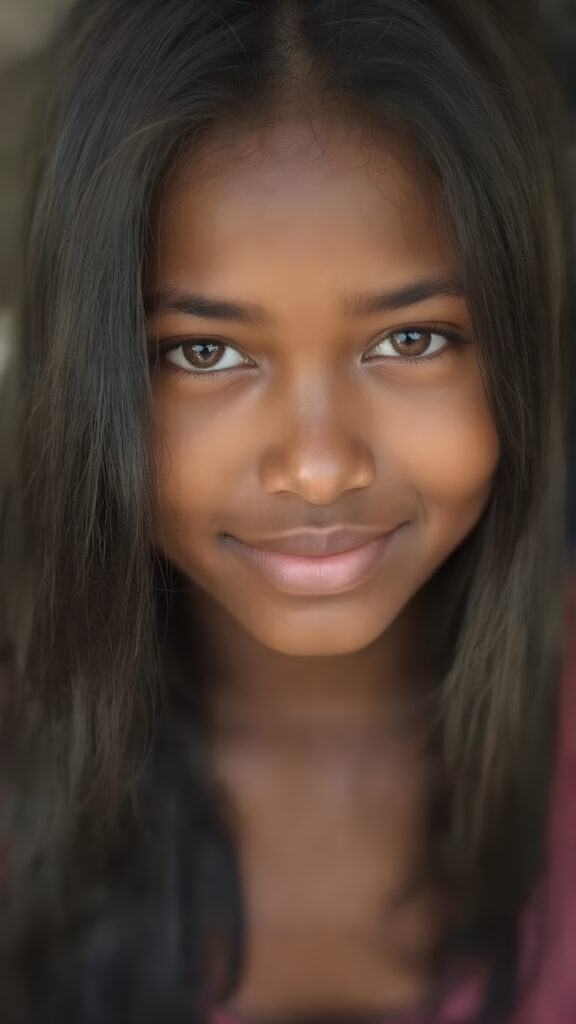 a (((professional photograph))) featuring a gorgeous, young, slim, petite, and curvaceous brown skinned Indigenous girl with long and perfectly straight black hair, full lips, and (((smiling into the camera))) with a serene expression. Her attire is a ((short cropped tank top)), the photo captures her full face, with the focus on her eyes gives a 70mm wide shot, capturing a youthful and innocent look that complements the advanced lighting and ultra realistic skin textures that make this photo truly breathtaking