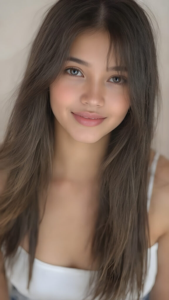 a (((professional photograph))) featuring a gorgeous, young, slim, petite, and curvaceous girl with long and perfectly straight black hair, full lips, and (((smiling into the camera))) with a serene expression. Her attire is a ((white short tank top)) and ((skin tight jeans)), emphasizing her perfectly straight and perfectly smooth brown hair, which is the subject of the picture. The photo captures her full face, with the focus on her eyes gives a 70mm wide shot, capturing a youthful and innocent look that complements the advanced lighting and ultra realistic skin textures that make this photo truly breathtaking