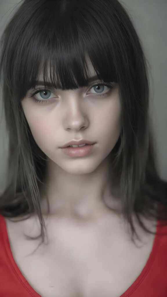 a (((professional black and white photograph))) featuring a gorgeous, young, slim, petite, and curvaceous silver skinned Emo girl with long and perfectly straight black super soft detailed hair and bangs, full lips, and with a serene expression. Her attire is a ((short cropped red tank top, deep v-neck)), the photo captures her full face, with the focus on her eyes and innocent look that complements the advanced lighting and ultra realistic skin textures that make this photo truly breathtaking, ((only her tank top is in color))