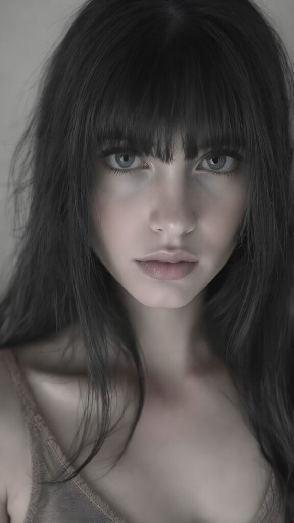 a (((professional black and white photograph))) featuring a gorgeous, young, slim, petite, and curvaceous silver skinned Emo girl with long and perfectly straight black hair and bangs, full lips, and with a serene expression. Her attire is a ((short cropped amber tank top, deep v-neck)), the photo captures her full face, with the focus on her eyes and innocent look that complements the advanced lighting and ultra realistic skin textures that make this photo truly breathtaking