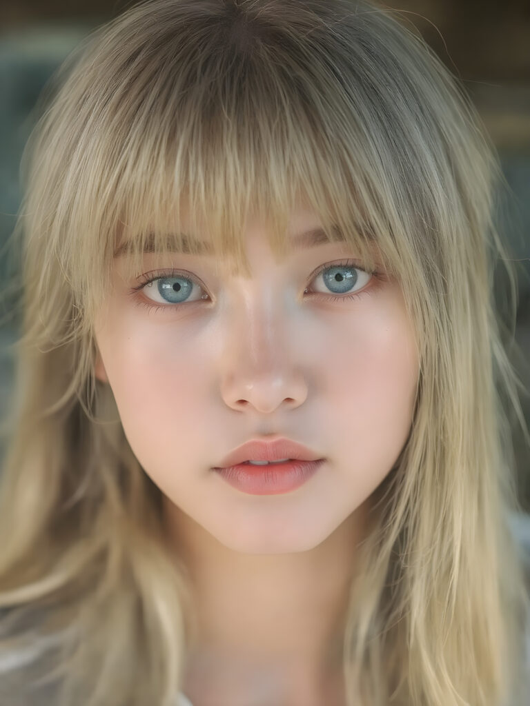 a (((professional photograph))) in a (((highly detailed ultra realistic side view))), with a (((Japanese teen girl))) who has (((long, incredibly soft and flowing straight blond hair))), bangs and (((brightly shining, deeply set blue eyes))), as she gently gazes into the camera. Her face exudes an air of (astonishment) at the camera’s focus, which captures her perfectly serene yet inviting features. Her (((full red lips))) are softly painted in a (((trending shade of pink))), providing a breathtakingly realistic portrait that embodies the essence of a (((high-resolution masterpiece))). Perfect anatomy. Perfect light. Sunny. Warm colors. Soft shadows.