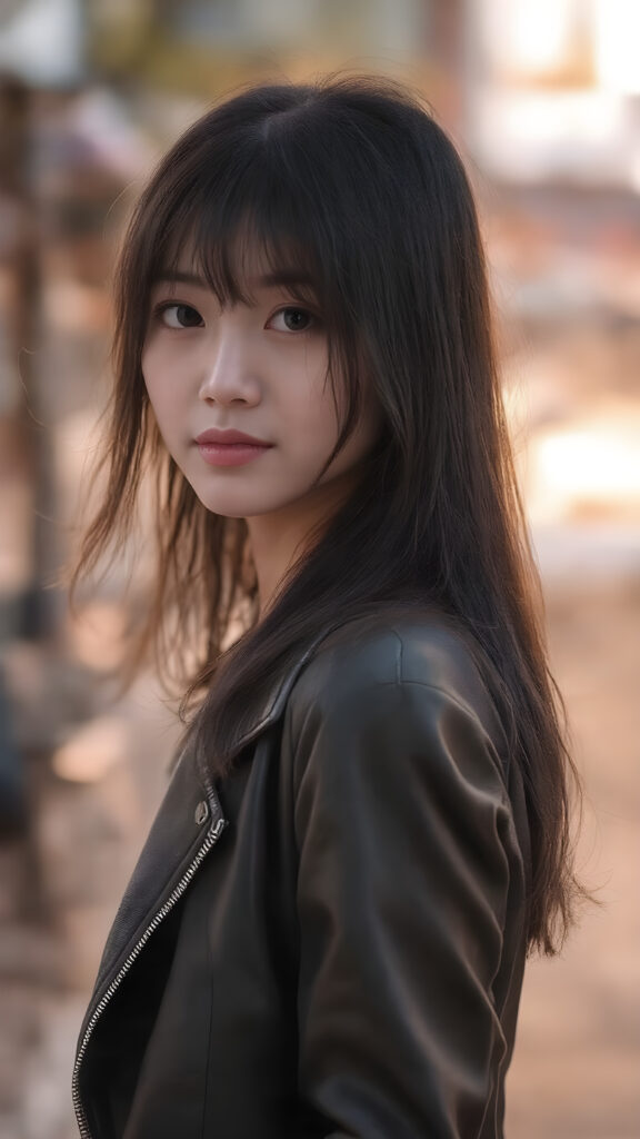 a (((professional photograph))) capturing a beautifully drawn (((young Korean girl))) with striking long, flowing black hair framing her delicate face, perfectly aligned eyes, full lips, and elegant white skin. She's dressed in a sleek, short, high-quality open leather jacket. Standing confidently on a street at a vibrant sunset, the scene is bathed in warm, soft lighting, highlighting her youthful beauty.
