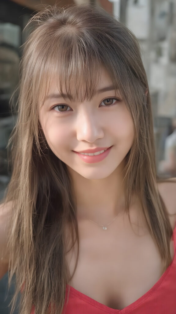 a (((professional 3D photograph))) featuring a gorgeous, young, slim, petite, and curvaceous silver skinned Japanese teen girl with long and perfectly straight (brown hair with golden strands) and bangs, full lips, and (((smiling into the camera))) with a serene expression. Her attire is a ((short cropped red tank top, deep v-neck)), the realistic photo captures her full face, all against a backdrop in the city, perfect light and shadows