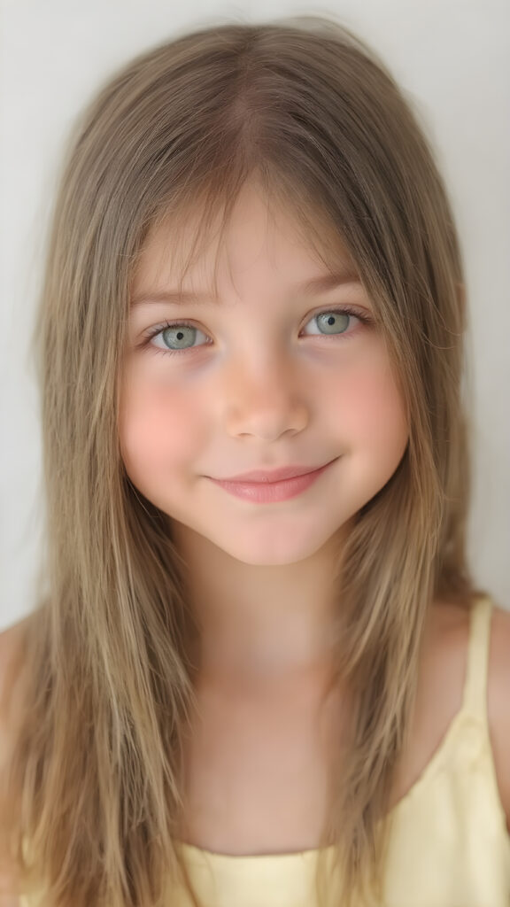 a (((professional photograph))) featuring a beautiful young girl with perfectly straight, smooth, and thick hair, which is cascading elegantly down to her shoulders. The hair is a rich, warm (((light brown))), with a subtle, natural glow. Her eyes are a clear (((green color))), and her pupils are perfectly round and matching. The girl is wearing a soft, ((low-cut)) pale yellow dress that complements her flawless features. The dress is gently cut out to reveal her perfect legs. She exudes an air of youthful confidence and beauty. The girl is looking into the camera with a warm smile, the photo is in focus and you can see every detail well