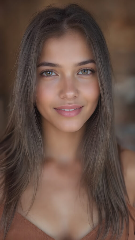 a (((professional photograph))) featuring a gorgeous, young, slim, petite, and curvaceous brown skinned busty Latina girl with long and perfectly straight brown hair, full lips, and (((smiling into the camera))) with a serene expression. Her attire is a ((short cropped amber tank top, deep v-neck)), the photo captures her full face, with the focus on her eyes gives a 70mm wide shot, capturing a youthful and innocent look that complements the advanced lighting and ultra realistic skin textures that make this photo truly breathtaking