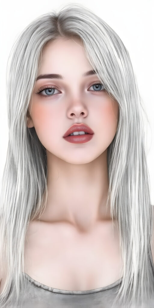 a (((professional ultra high resolution hand drawing))) capturing a (((vividly drawn natural teen girl))) with ((long, straight platinum white soft hair)) that gently frames her face, ((softly glowing skin)), ((full kissable red lips, open mouth, looks seductive)), accessorized with a sleek and minimalist ((cropped tank top made of fine fur)) that emphasizes her youthful energy, posed in a (((upper-body shot)))