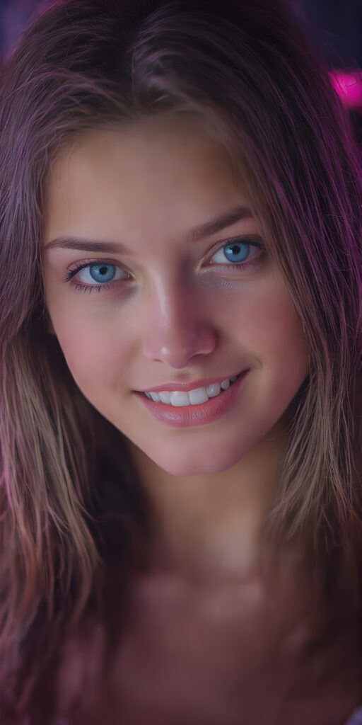 a (((professional full body shot))) showcasing a beautifully ((young woman)) with striking long brown jet hair, captivating bright ((blue eyes)), and a playful smile. Her skin tone is a (pale) yellow, with perfectly (straight) white teeth. She's dressed in a (white leotard), creating an illusion of movement. The scene is framed by a soft glow, highlighting her luminous skin and casting a shadow over her, emphasizing her full body and creating a sense of mystery and warmth. ((She exudes a youthful and vibrant demeanor through her playful smile and poise, embodying the essence of a (young teen)))