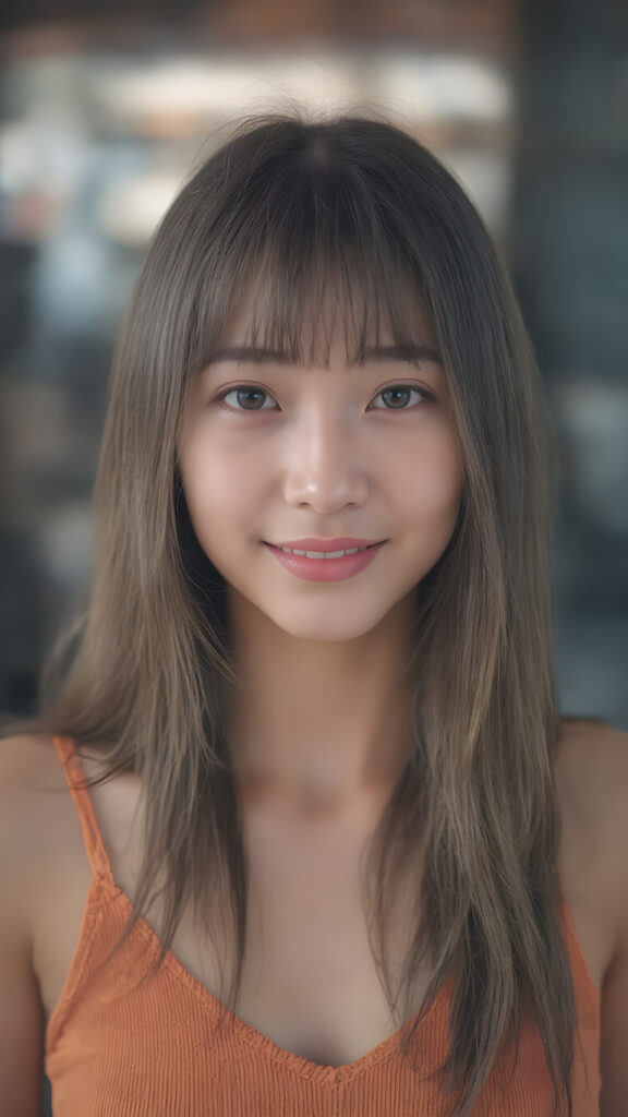 a (((professional photograph))) featuring a gorgeous, young, slim, petite, and curvaceous brown skinned busty Latina girl with long and perfectly straight brown hair, full lips, and (((smiling into the camera))) with a serene expression. Her attire is a ((short cropped amber tank top, deep v-neck)), the photo captures her full face, with the focus on her eyes gives a 70mm wide shot, capturing a youthful and innocent look that complements the advanced lighting and ultra realistic skin textures that make this photo truly breathtaking