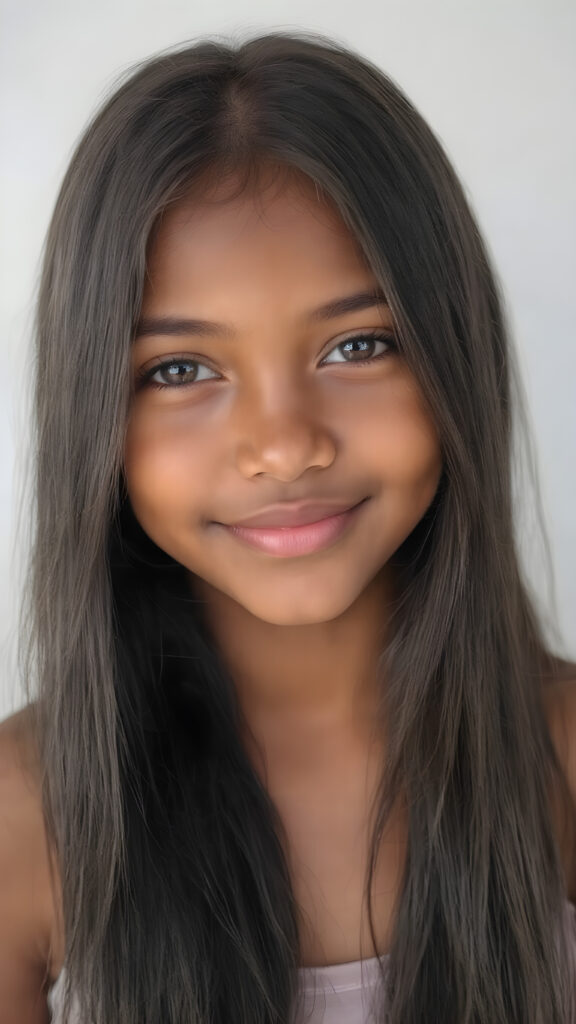 a (((professional photograph))) featuring a gorgeous, young brown skinned cute girl with long and perfectly straight black hair, full lips, and (((smiling into the camera))) with a serene expression. Her attire is a ((short cropped tank top)), the photo captures her full face, with the focus on her eyes gives a 70mm wide shot, capturing a youthful and innocent look that complements the advanced lighting and ultra realistic skin textures that make this photo truly breathtaking