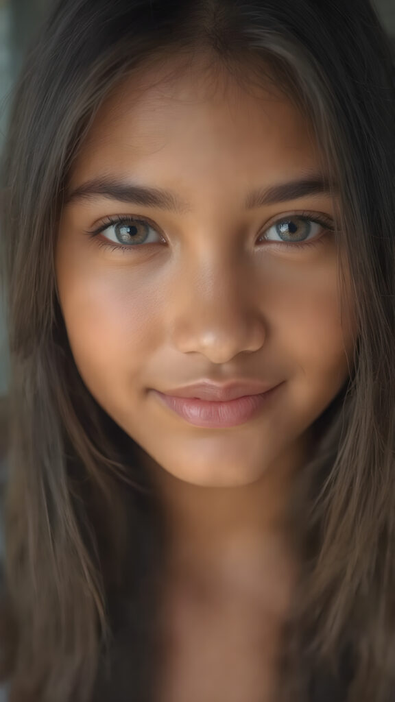a (((professional photograph))) featuring a gorgeous, young, slim, petite, and curvaceous brown skinned busty Latina girl with long and perfectly straight brown hair, full lips, and (((smiling into the camera))) with a serene expression. Her attire is a ((short cropped amber tank top, deep v-neck)), the photo captures her full face, with the focus on her eyes gives a 70mm wide shot, capturing a youthful and innocent look that complements the advanced lighting and ultra realistic skin textures that make this photo truly breathtaking
