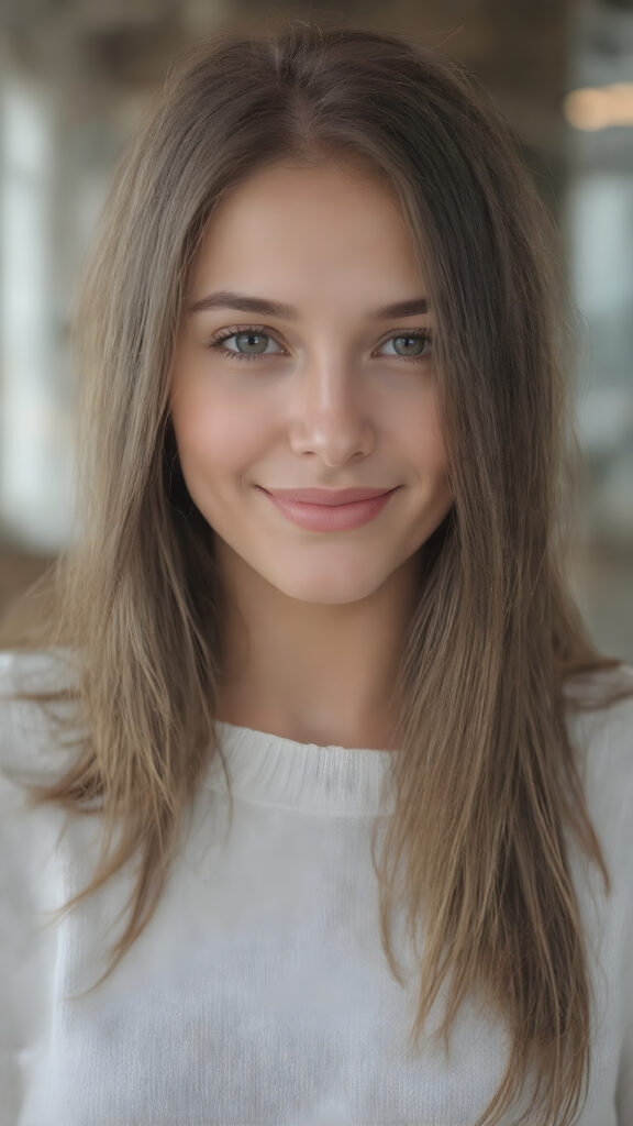 a (((professional photograph))) featuring a gorgeous, young, slim, petite, and curvaceous girl with long and perfectly straight brown hair, full lips, and (((smiling into the camera))) with a serene expression. Her attire is a ((white sweater)) and ((skin tight jeans)), emphasizing her perfectly straight and perfectly smooth brown hair, which is the subject of the picture. The photo captures her full face, with the focus on her eyes gives a 70mm wide shot, capturing a youthful and innocent look that complements the advanced lighting and ultra realistic skin textures that make this photo truly breathtaking