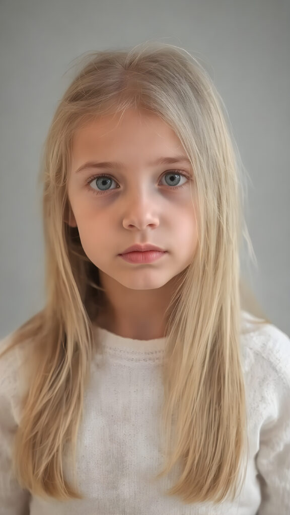 a (((professional photograph))) featuring a beautiful young girl with very long, straight, thick, untucked natural white golden blonde hair worn down, full body view, where her face exudes curiosity and inquisitiveness. She is wearing a white fine sweater that emphasizes her youthful beauty. Against a backdrop of a (simple, plain grey background) that complements the warm tones of the scene, the girl stands out in a striking pose, capturing attention to detail in every aspect of the image. Soft lighting, high resolution, full HD