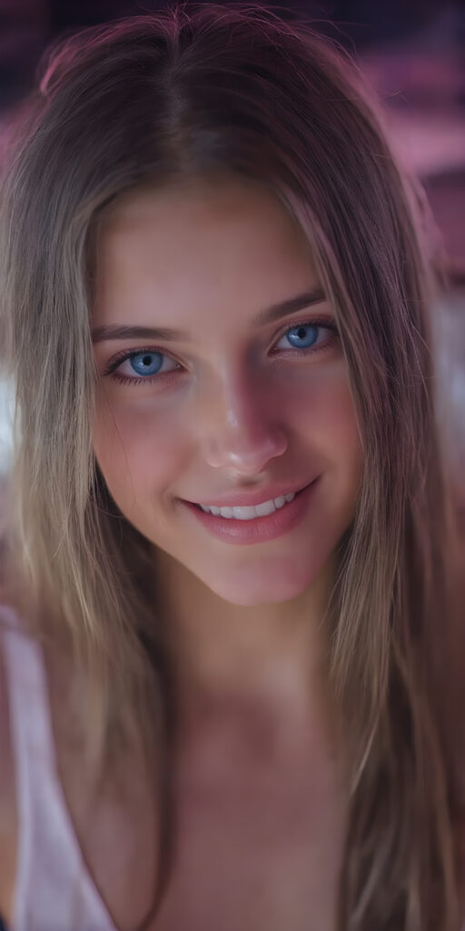 a (((professional full body shot))) showcasing a beautifully ((young woman)) with striking long brown jet hair, captivating bright ((blue eyes)), and a playful smile. Her skin tone is a (pale) yellow, with perfectly (straight) white teeth. She's dressed in a (white leotard), creating an illusion of movement. The scene is framed by a soft glow, highlighting her luminous skin and casting a shadow over her, emphasizing her full body and creating a sense of mystery and warmth. ((She exudes a youthful and vibrant demeanor through her playful smile and poise, embodying the essence of a (young teen)))