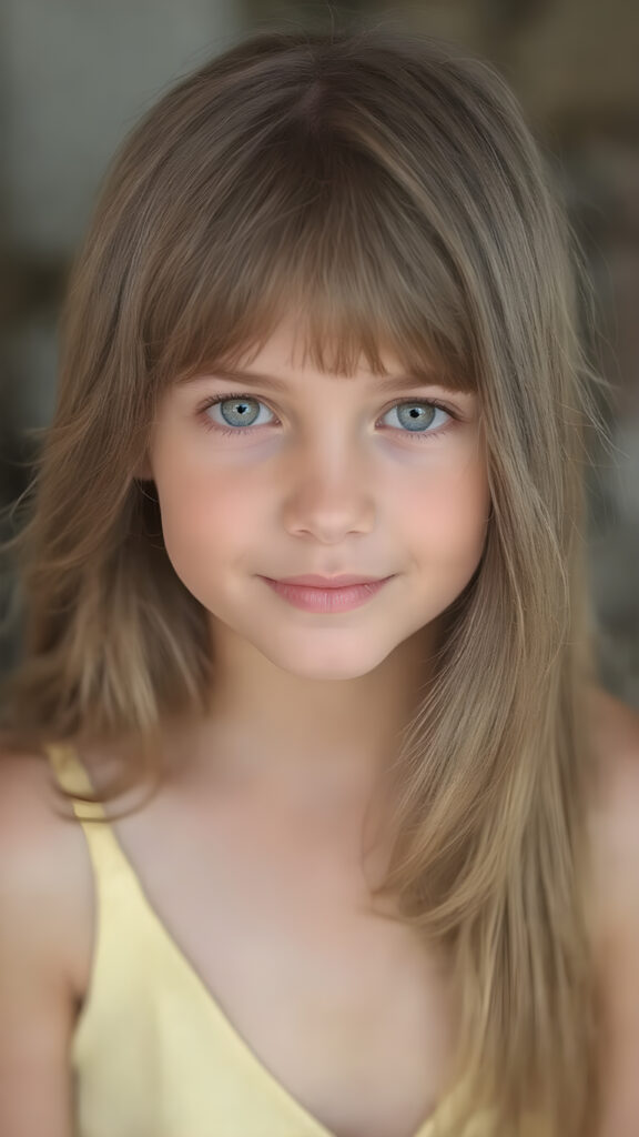 a (((professional photograph))) featuring a beautiful young girl with perfectly straight, smooth, and thick hair, which is cascading elegantly down to her shoulders. The hair is a rich, warm (((light brown))), with a subtle, natural glow. Her eyes are a clear (((green color))), and her pupils are perfectly round and matching. The girl is wearing a soft, ((low-cut)) pale yellow dress that complements her flawless features. The dress is gently cut out to reveal her perfect legs. She exudes an air of youthful confidence and beauty. The girl is looking into the camera with a warm smile, the photo is in focus and you can see every detail well