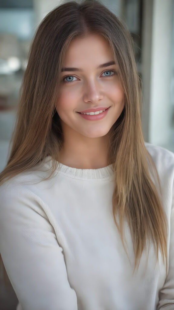 a (((professional photograph))) featuring a gorgeous, young, slim, petite, and curvaceous girl with long and perfectly straight brown hair, full lips, and (((smiling into the camera))) with a serene expression. Her attire is a ((white sweater)) and ((skin tight jeans)), emphasizing her perfectly straight and perfectly smooth brown hair, which is the subject of the picture. The photo captures her full face, with the focus on her eyes gives a 70mm wide shot, capturing a youthful and innocent look that complements the advanced lighting and ultra realistic skin textures that make this photo truly breathtaking